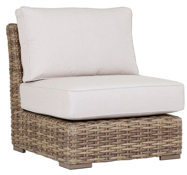 Sunset West Havana Aged Tobacco Resin Wicker Outdoor Armless Club Chair with Canvas Flax Cushion-0
