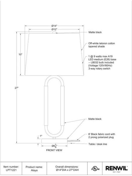 Renwil® Alaya Matte Black Table Lamp -4