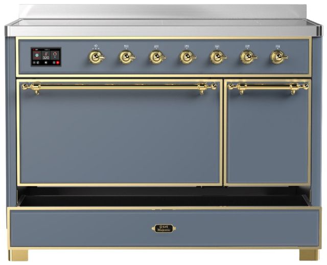Ilve® Majestic III 48" Blue Gray Pro Style Induction Range with Solid Door and Brass Trim-2