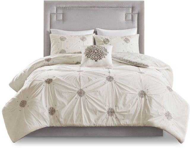 Olliix by Madison Park 4 Piece Ivory Full/Queen Malia Embroidered Cotton Reversible Duvet Cover Set-0