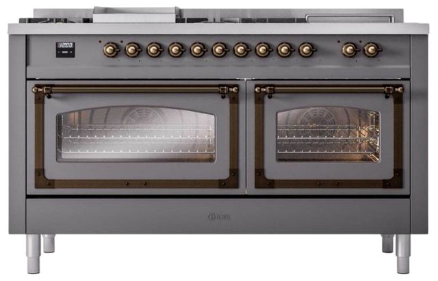 Ilve® Nostalgie II Noblesse 60'' Graphite Matte Pro Style Dual Fuel Range with Burnished Trim-1