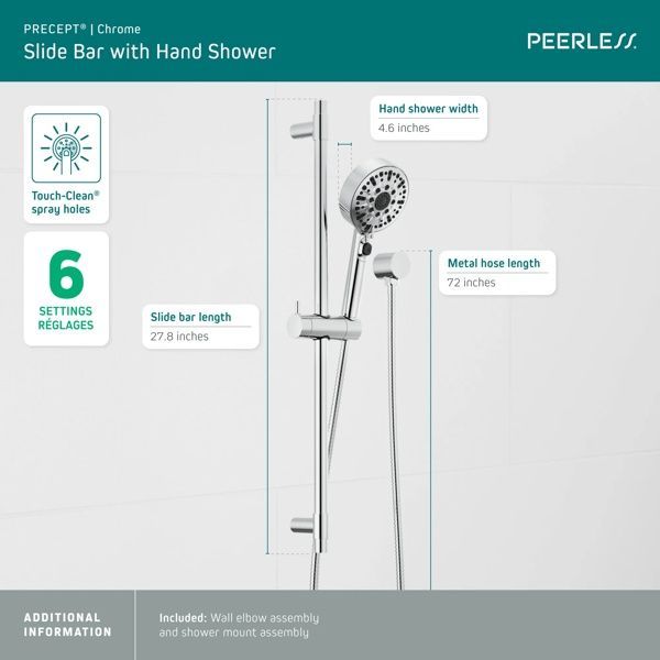 Peerless Precept® Chrome Slide Bar with Hand Shower-3