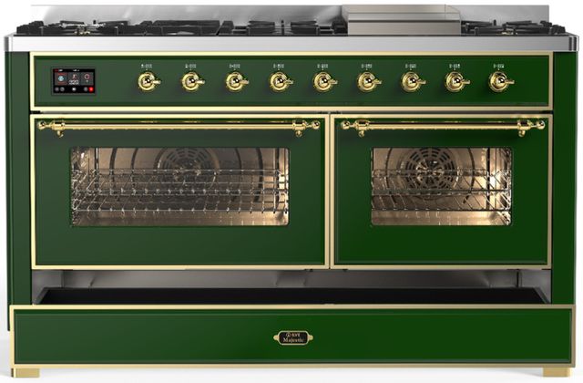 Ilve® Majestic III 60" Emerald Green Pro Style Dual Fuel Liquid Propane Range with Triple Glass Door and Brass Trim-1