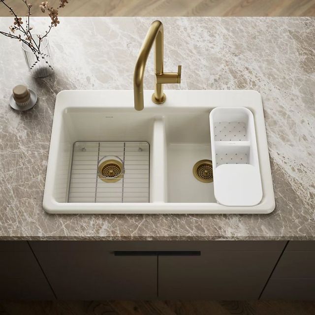 KOHLER® Riverby® Biscuit 33" 1-Faucet Hole Top-Mount Double Equal-Bowl Workstation Kitchen Sink-1
