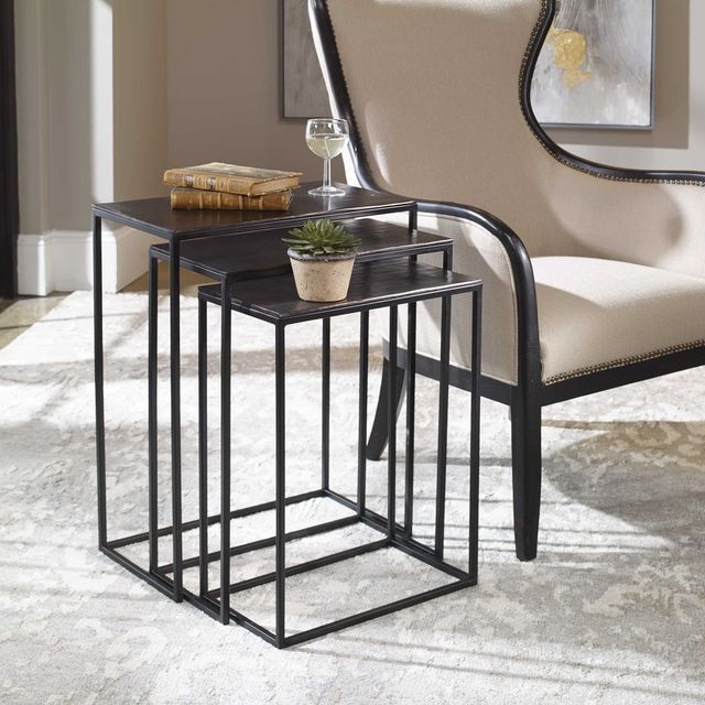 Uttermost® Coreene 3-Piece Antique Bronze Nesting Table Set with Aged Black Base-2