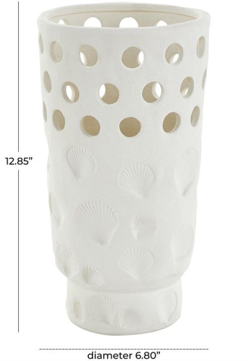 Deco Marche White Ceramic Shell Vase with Circular Cutouts-2