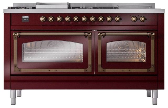 Ilve® Nostalgie II Noblesse 60'' Burgundy Pro Style Dual Fuel Range with Burnished Trim-1