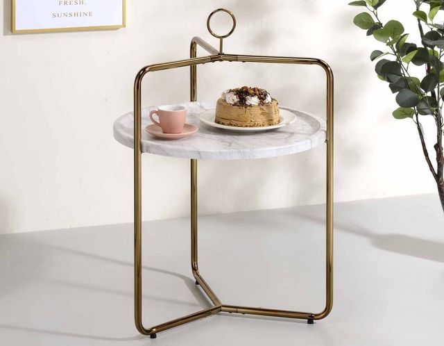 Steve Silver Co. Miro White Faux Marble Top Side Table with Champagne Bronze Base-1