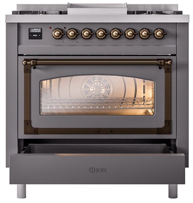 Ilve® Nostalgie II Noblesse 36'' Graphite Matte Pro Style Dual Fuel Range with Burnished Trim-3