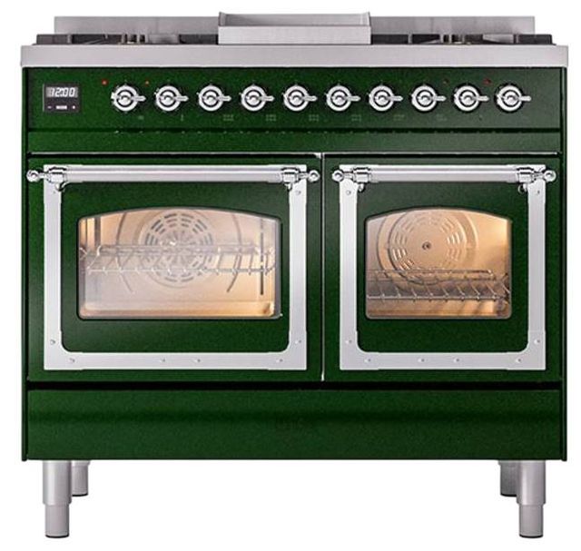 Ilve® Nostalgie II Noblesse 40'' Emerald Green Pro Style Dual Fuel Range with Chrome Trim-1