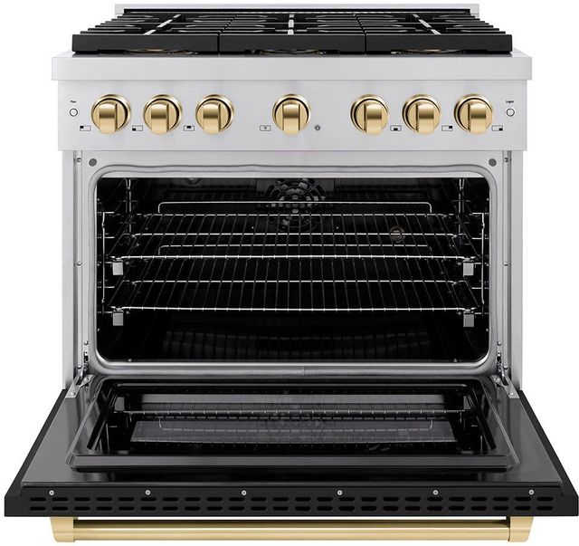 ZLINE Autograph Edition Paramount Series 36" Stainless Steel Pro Style Dual Fuel Range with Matte Black Door and Polished Gold Accents-1