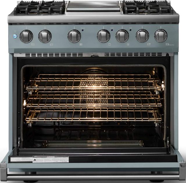 Viking® 5 Series 36" Novembery Sky Pro Style Dual Fuel (NG) Range with Polished Chrome Trim-1