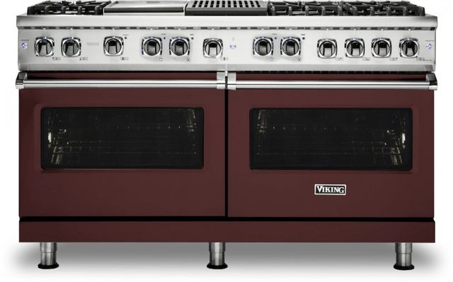 Viking® 5 Series 60" Kalamata Red Pro Style Dual Fuel Liquid Propane Range with 12" Griddle and 12" Grill-0