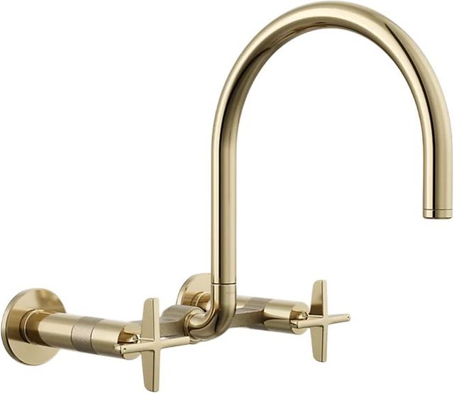 KOHLER® Billet® Vibrant French Gold 12" 2-Hole Wall-Mount Bridge Kitchen Sink Faucet with Cross Handles-0