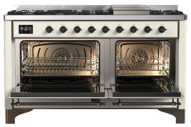 Ilve® Majestic III 60" Antique White Pro Style Dual Fuel Liquid Propane Range with Triple Glass Door and Burnished Trim-1