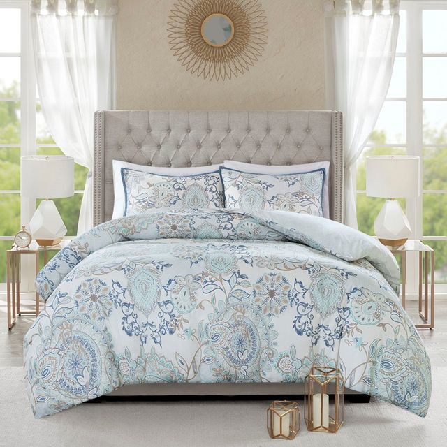 Olliix by Madison Park 3 Piece Blue Full/Queen Isla Cotton Printed Reversible Duvet Cover Set-2