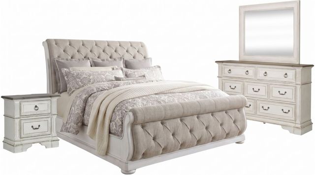 Liberty Furniture Abbey Park 4-Piece Antique White/Weathered Brown King Upholstered Sleigh Bedroom Set-0