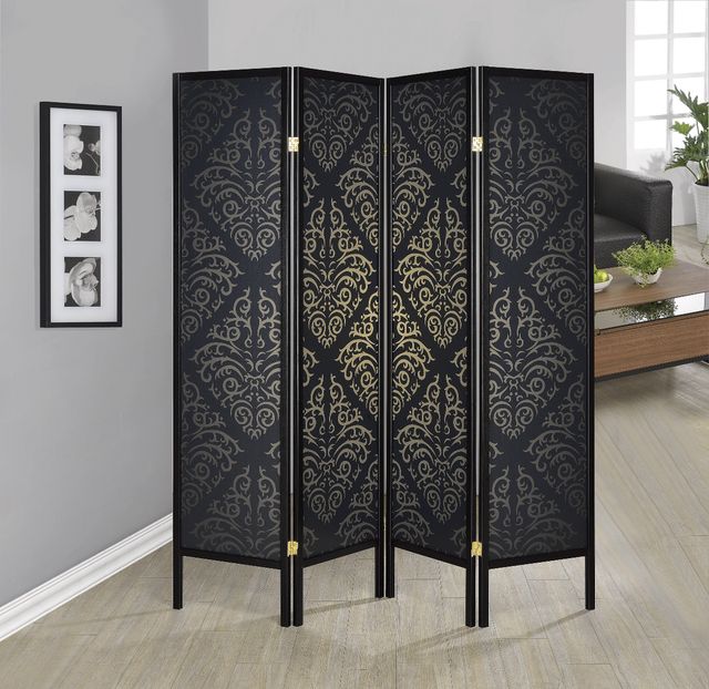Coaster® Haidera Black 4-Panel Damask Pattern Folding Screen-2