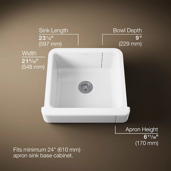KOHLER® Whitehaven® White 24" Undermount Single-Bowl Farmhouse Kitchen Sink with Short Apron-2