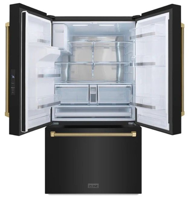 ZLINE Autograph Edition 36" 28.9 Cu. Ft. Black Stainless Steel Standard-Depth French Door Fingerprint-Resistant Refrigerator with External Water Dispenser and Dual Ice Maker in Champagne Bronze Helix Handles-3