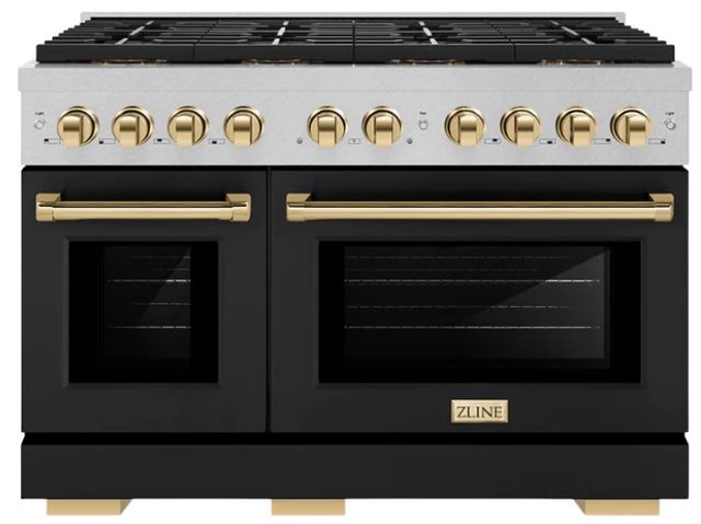 ZLINE Autograph Edition Paramount 48" 6.7 Cu. Ft. Satin Stainless Steel Dual Fuel Range with 8 Burner DuoPro™ Cooktop and Dual Ovens with Black Matte Doors and Polished Gold Accents-0