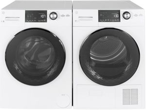 Front view of the GE® White Front Load Laundry Pair