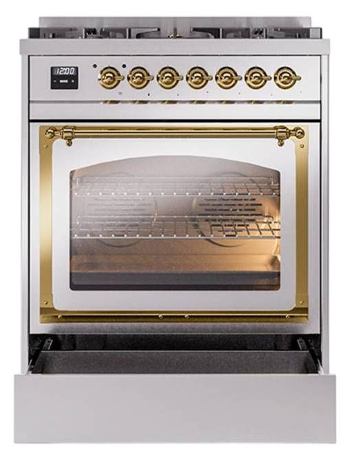 Ilve® Nostalgie II Noblesse 30" Stainless Steel Pro Style Dual Fuel Range with Brass Trim-3