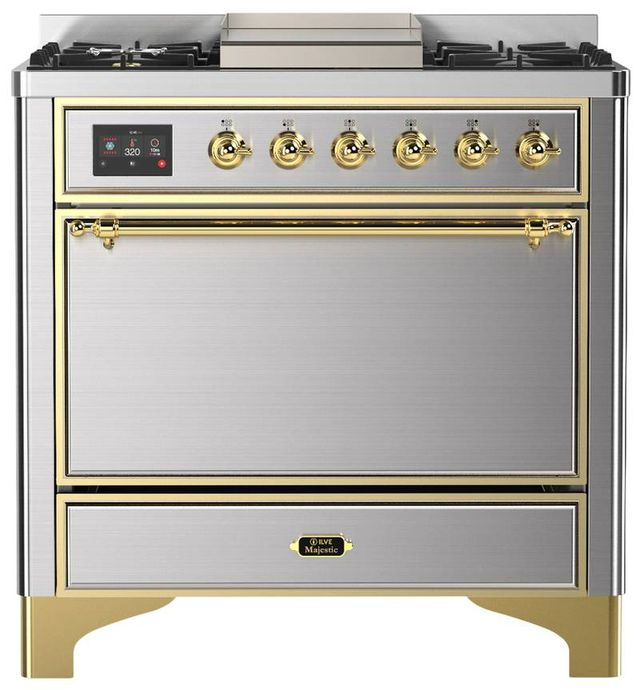 Ilve® Majestic III 36" Stainless Steel Pro Style Dual Fuel Liquid Propane Range with Solid Door and Brass Trim-0