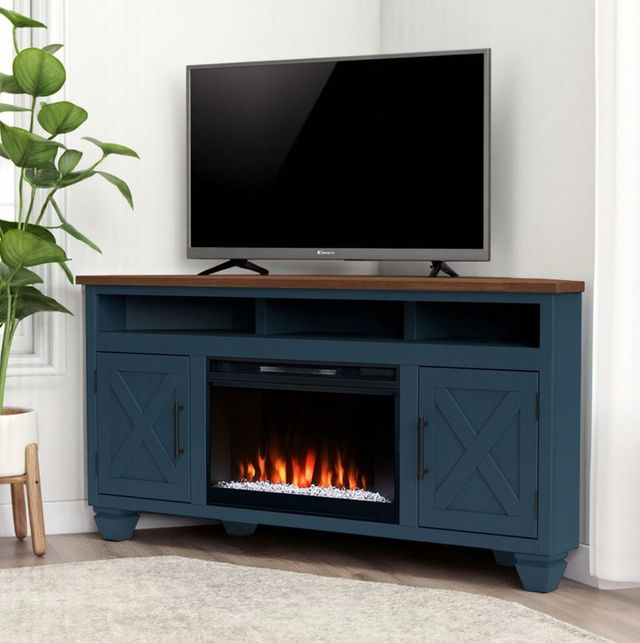 Legends Home Real Cozy Liberty Blue Denim/Whiskey 64" Corner Fireplace Console-1