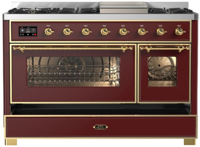 Ilve® Majestic III 48" Burgundy Pro Style Dual Fuel Liquid Propane Range with Triple Glass Door and Brass Trim-1