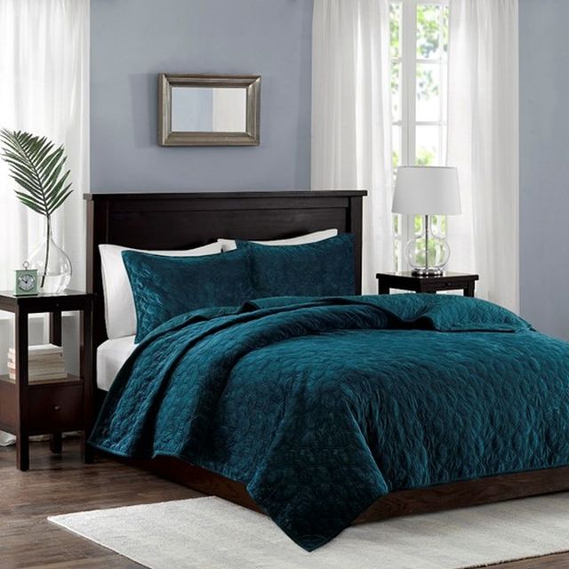 Olliix by Madison Park Harper Teal King/California King Faux Velvet Reversible 3 Piece Coverlet Set-4
