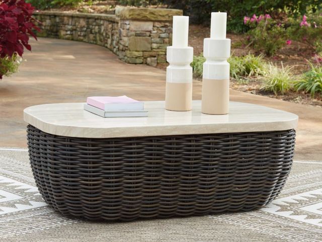 Signature Design by Ashley® Kimora Beige Resin Wicker Outdoor Cocktail Table with Dark Brown Base-5