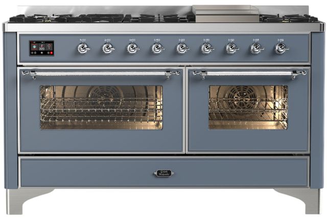 Ilve® Majestic III 60" Blue Gray Pro Style Dual Fuel Natural Gas Range with Triple Glass Door and Chrome Trim-0