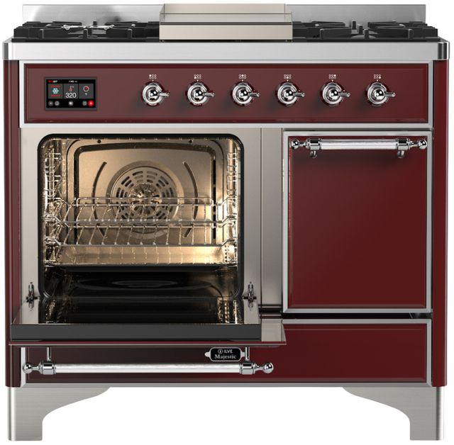 Ilve® Majestic III 40" Burgundy Pro Style Dual Fuel Liquid Propane Range with Solid Door and Chrome Trim-2