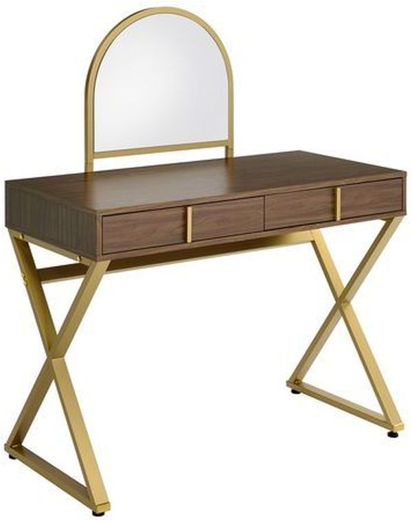 ACME Furniture Coleen Gold/Walnut Vanity Desk with Mirror and Jewelry Tray