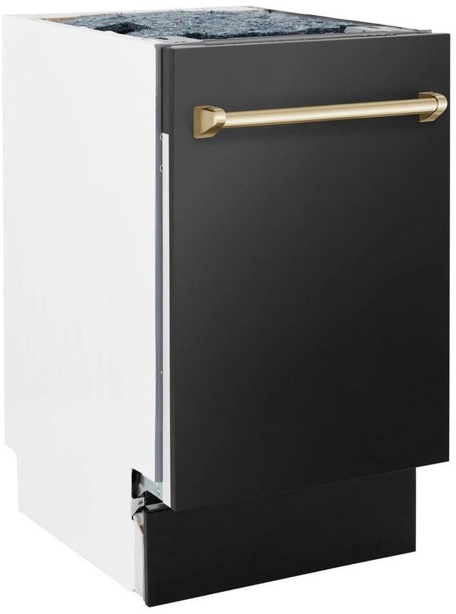 ZLINE Autograph Edition 18" Black Stainless Steel Top Control Built In Dishwasher with Polished Gold Handle-2