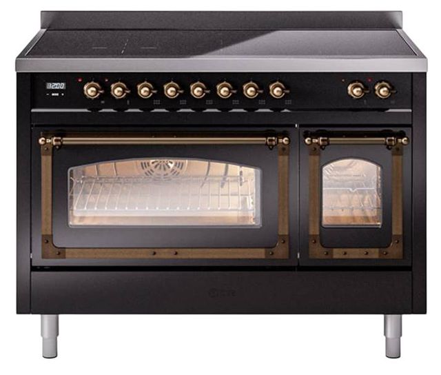 Ilve® Nostalgie II Noblesse 48'' Glossy Black Pro Style Induction Range with Burnished Trim-0