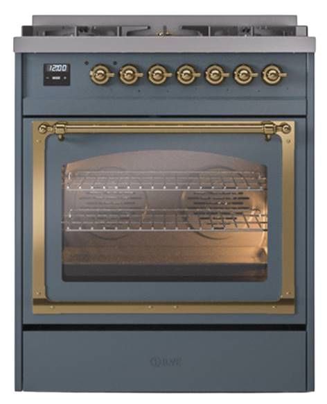 Ilve® Nostalgie II Noblesse 30" Blue Gray Pro Style Dual Fuel Range with Brass Trim-1