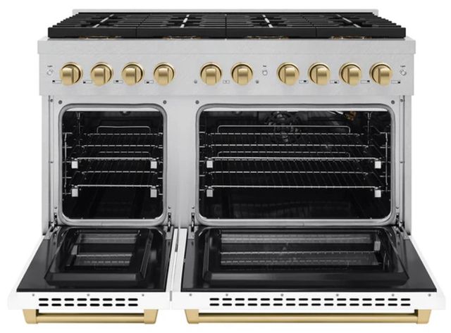 ZLINE Autograph Edition Paramount 48" 6.7 Cu. Ft. Satin Stainless Steel Gas Range with 8 Burner DuoPro™ Cooktop, Dual Ovens, White Matte Doors and Champagne Bronze Accents-1