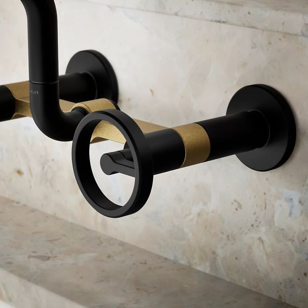 KOHLER® Billet® Brushed Moderne Brass/Matte Black 2-Hole Wall-Mount Bridge Kitchen Sink Faucet with Round Handles-3