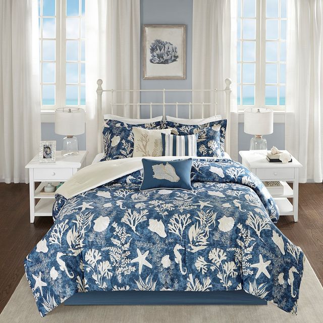 Olliix by Madison Park 7 Piece Blue California King Cape Cod Cotton Sateen Comforter Set-0