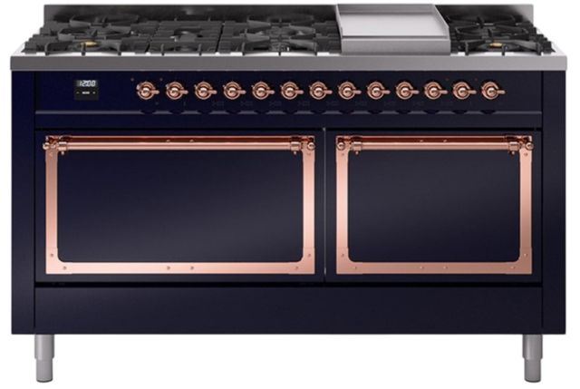 Ilve® Nostalgie II Noblesse 60'' Midnight Blue Pro Style Dual Fuel Range with Copper Trim-0
