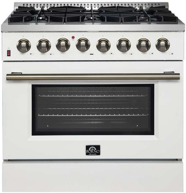 FORNO® Galiano 36" Stainless Steel Pro Style Dual Fuel Range with White Door with Antique Brass Accents-0