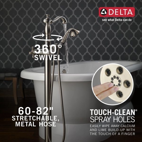 Delta Cassidy® Stainless Single Handle Floor Mount Tub Filler Trim with Hand Shower -1