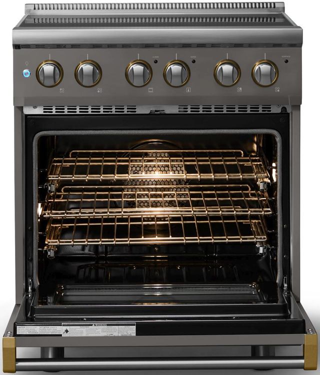 Viking® 5 Series 30" Damascus Gray Pro Style Electric Range with Brushed Brass Trim-1