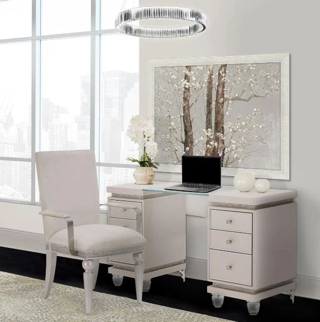 Michael Amini® Glimmering Heights Glass Top Vanity Desk with Ivory Base-1