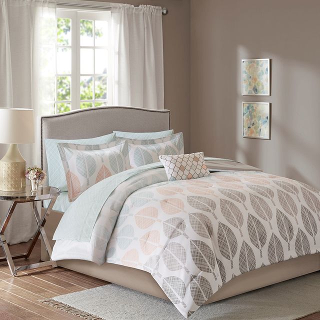 Olliix by Madison Park Essentials Coral/Green Twin Central Park Complete Comforter and Cotton Sheet Set-0
