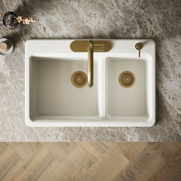 KOHLER® Riverby® Biscuit 33" 4-Faucet Hole Top-Mount Double-Bowl Kitchen Sink-2