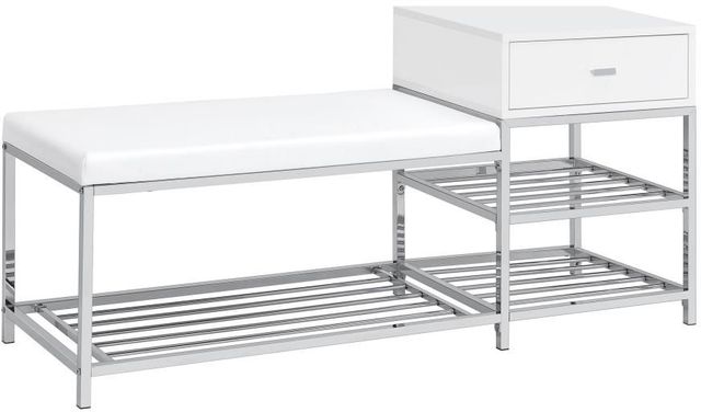 Coaster® Siega Chrome/White High Gloss Shoe Storage Entryway Bench with Cabinet-0