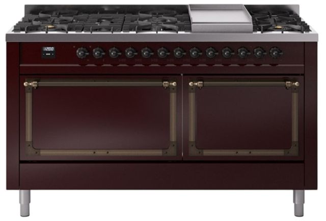 Ilve® Nostalgie II Noblesse 60'' Burgundy Pro Style Dual Fuel Range with Burnished Trim-0